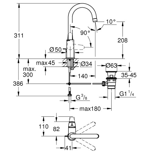 Одноважільний змішувач для раковини L Size Grohe Euroeco 24272001  