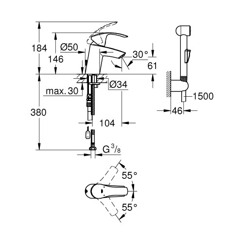 Одноважільний змішувач для раковини S Size Grohe Eurosmart із гігієнічним душем 23124002 