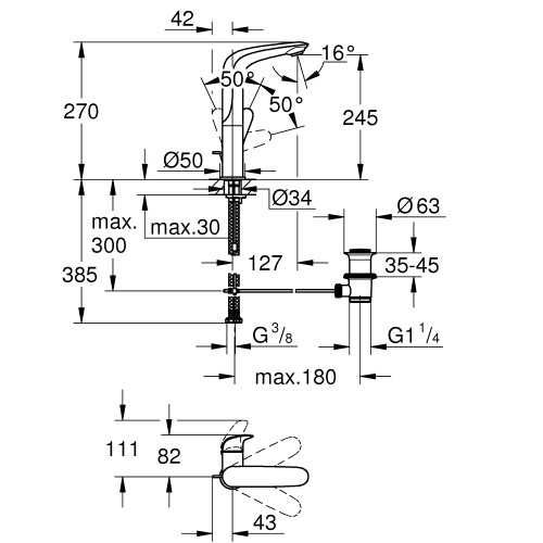 Одноважільний змішувач для раковини L Size Grohe Wave 23584001  