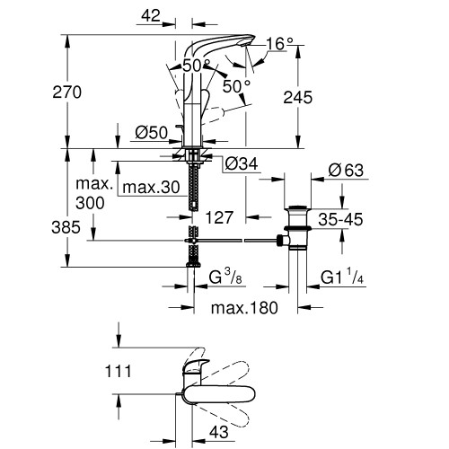 Одноважільний змішувач для раковини L Size Grohe Eurostyle 23718003  