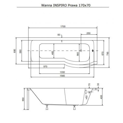 Ванна акрилова Besco INSPIRO 170х70 права (соло) без ніг 00000013413