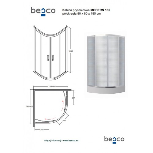 Кабіна півкругла Besco MODERN 90x90x185 універсальна: скло прозоре, профіль хромований