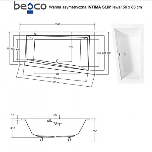 Ванна акрилова Besco INTIMA SLIM 150х85 ліва (соло) без ніг NAVARA38284