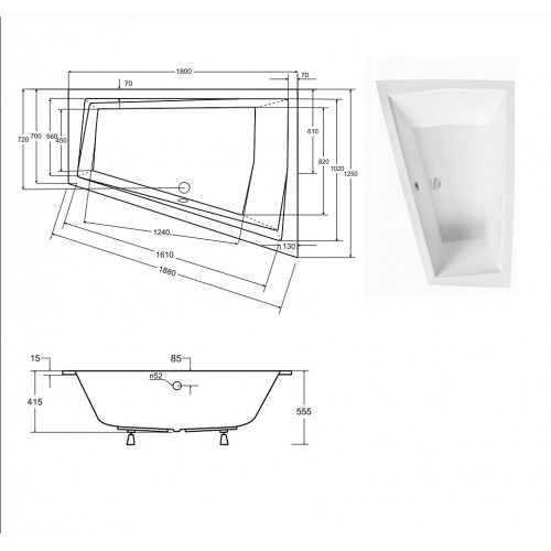 Ванна акрилова Besco INTIMA DUO SLIM 180х125 ліва (соло), без ніг NAVARA46763