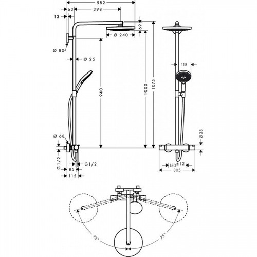 Душова система Hansgrohe Raindance Select S 240 2jetз термостатом, колір - хром 27129000