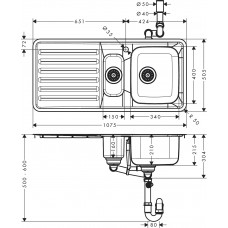 Кухонна мийка S4111-F540 на стільницю 1075х505 з сифон Hansgrohe ом 43342800 Stainless Steel
