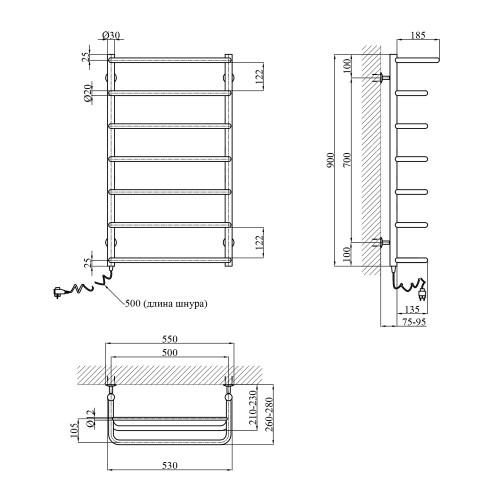 Сушарка для рушників електрична Kroner скоба ДСп06EL 900x500/7 EL з полицею