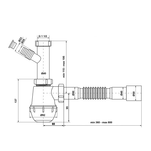 Сифон для кухонної раковини KronoPlast 1 1/2''х40 мм без випуску з відводом для пральної машини SM10020043